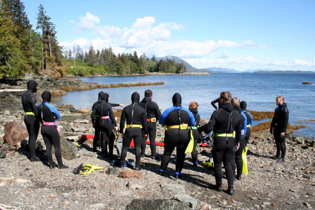 group of snorkelers about to enter the ocean from the beach